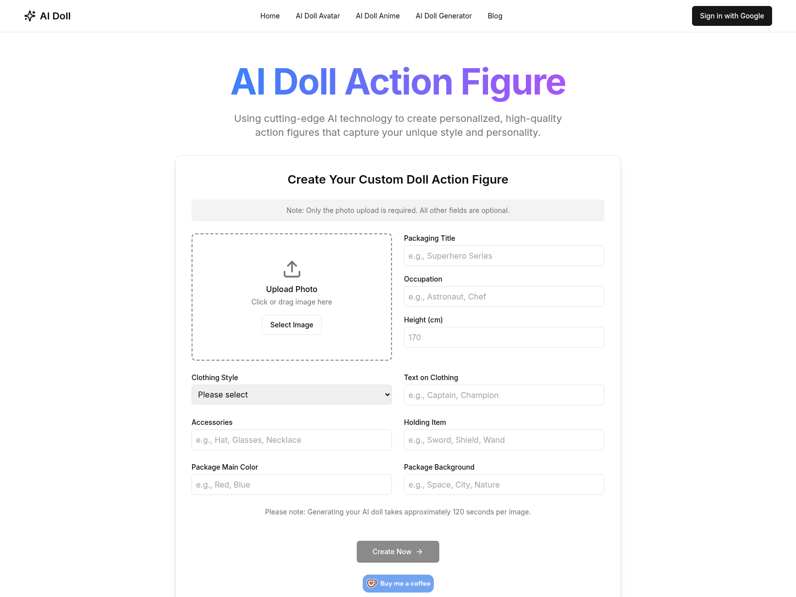 AI-powered action figure generator; create custom figures from uploaded photos with various customization options.
