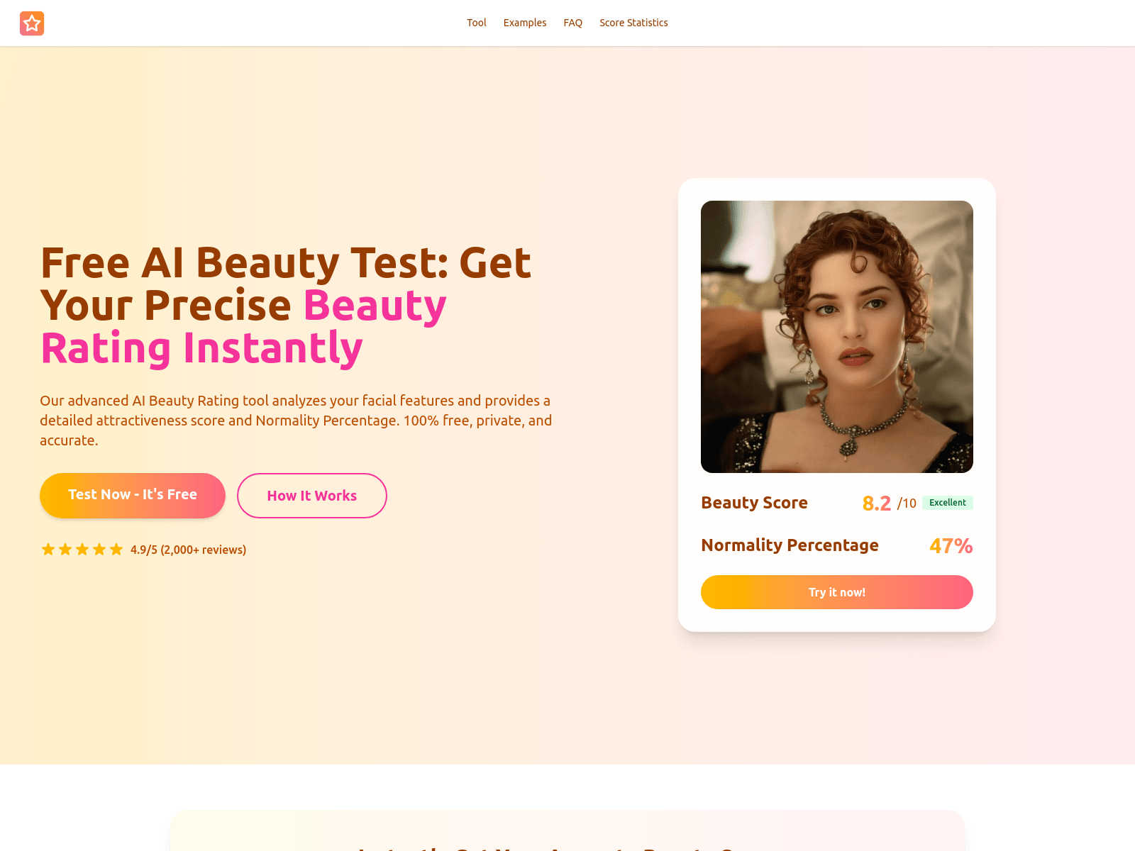 Free AI beauty test providing instant attractiveness ratings, detailed scores, and personalized tips.
