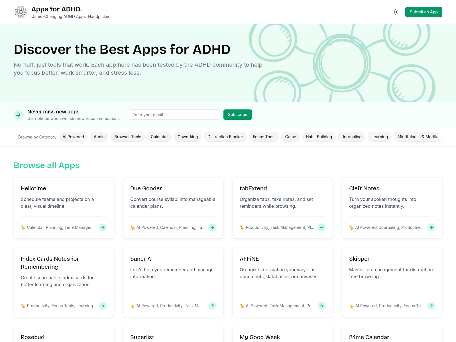 A curated directory of ADHD apps for improved focus, organization, and productivity, offering user reviews and category browsing.
