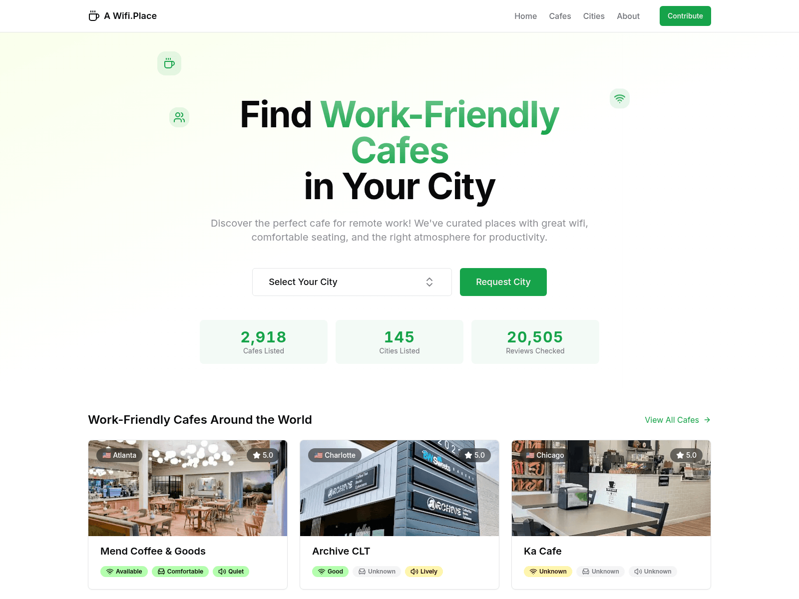 AWifi.Place helps users find work-friendly cafes with good WiFi and comfortable seating in their city.
