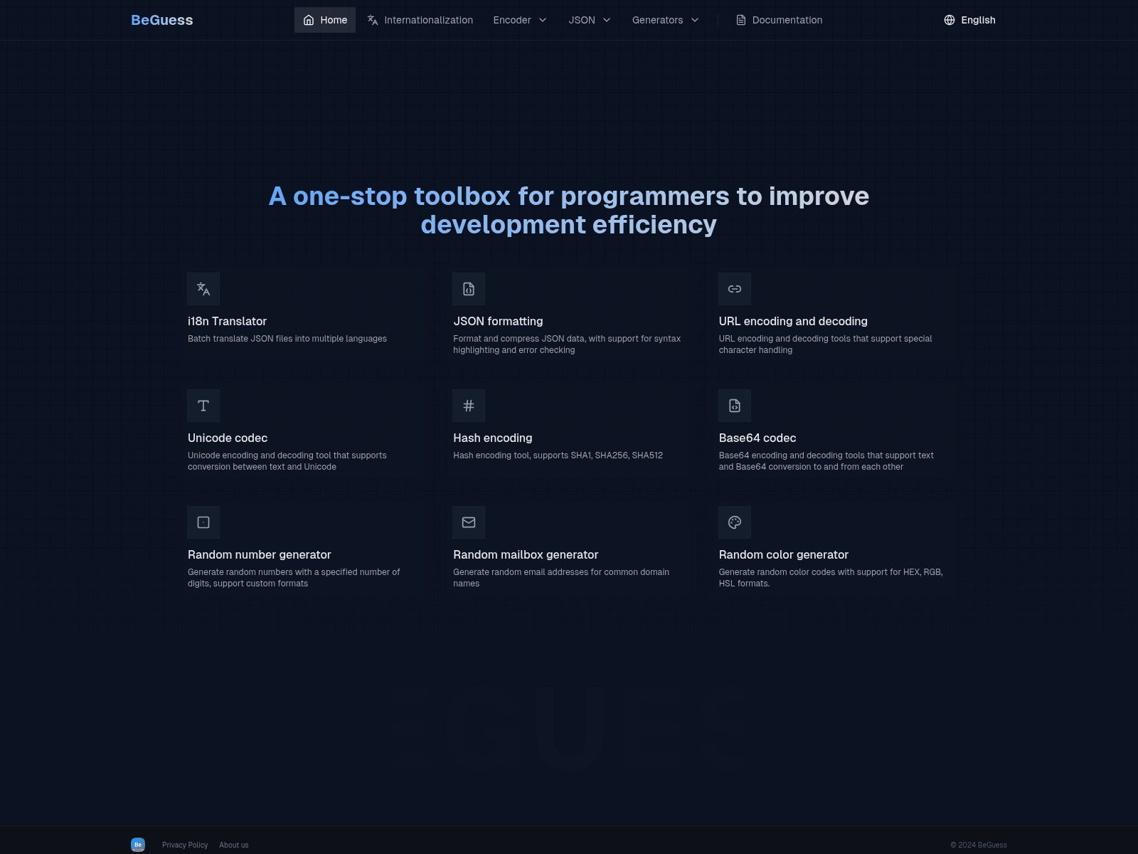 BeGuess offers a comprehensive online toolbox for developers, including translation, JSON formatting, URL encoding/decoding, and random data generation tools to boost efficiency.
