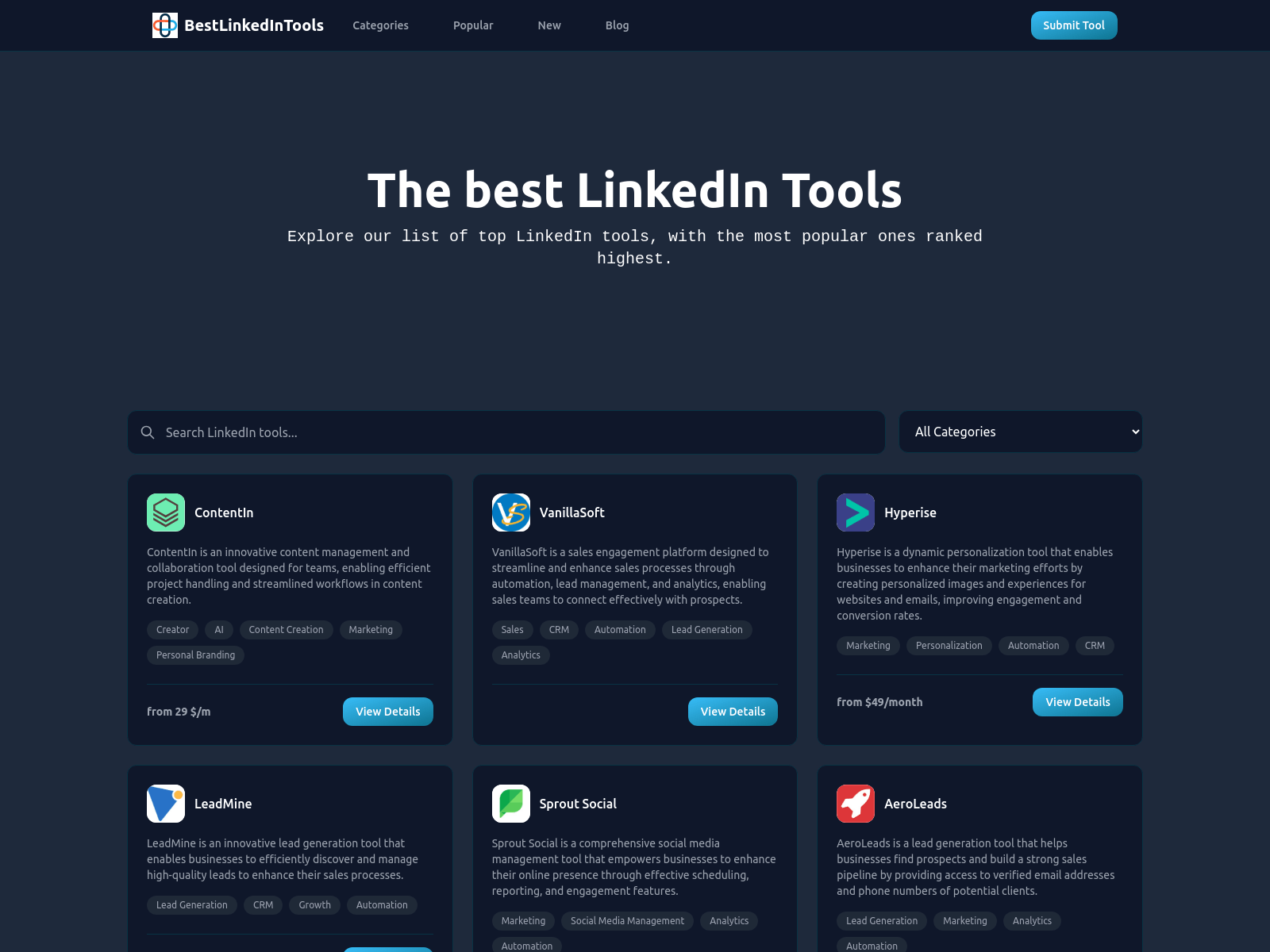 A directory of LinkedIn tools for automation, marketing, and productivity;  includes reviews and categorized listings.
