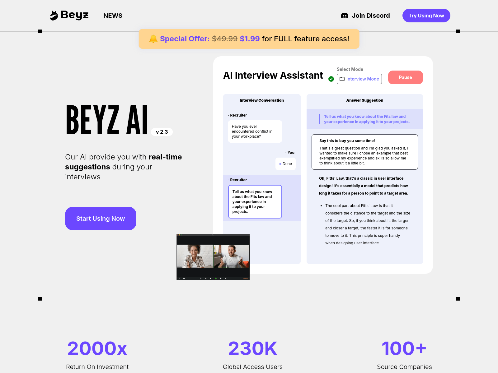 Beyz AI is a real-time AI interview assistant providing instant feedback and personalized preparation to help interviewees succeed.
