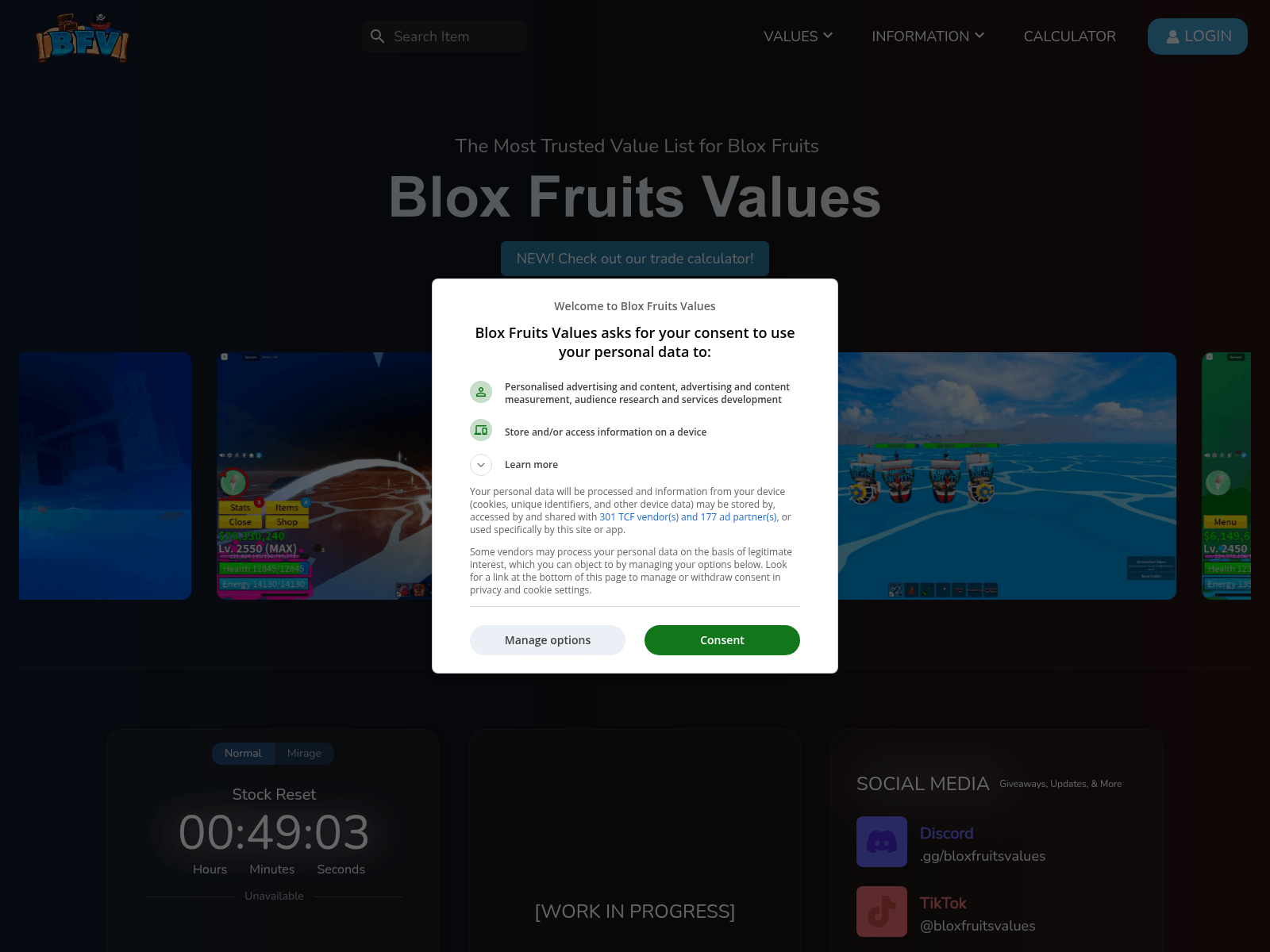 Blox Fruits Values:  A Roblox Blox Fruits value list with a trade calculator and social media links.
