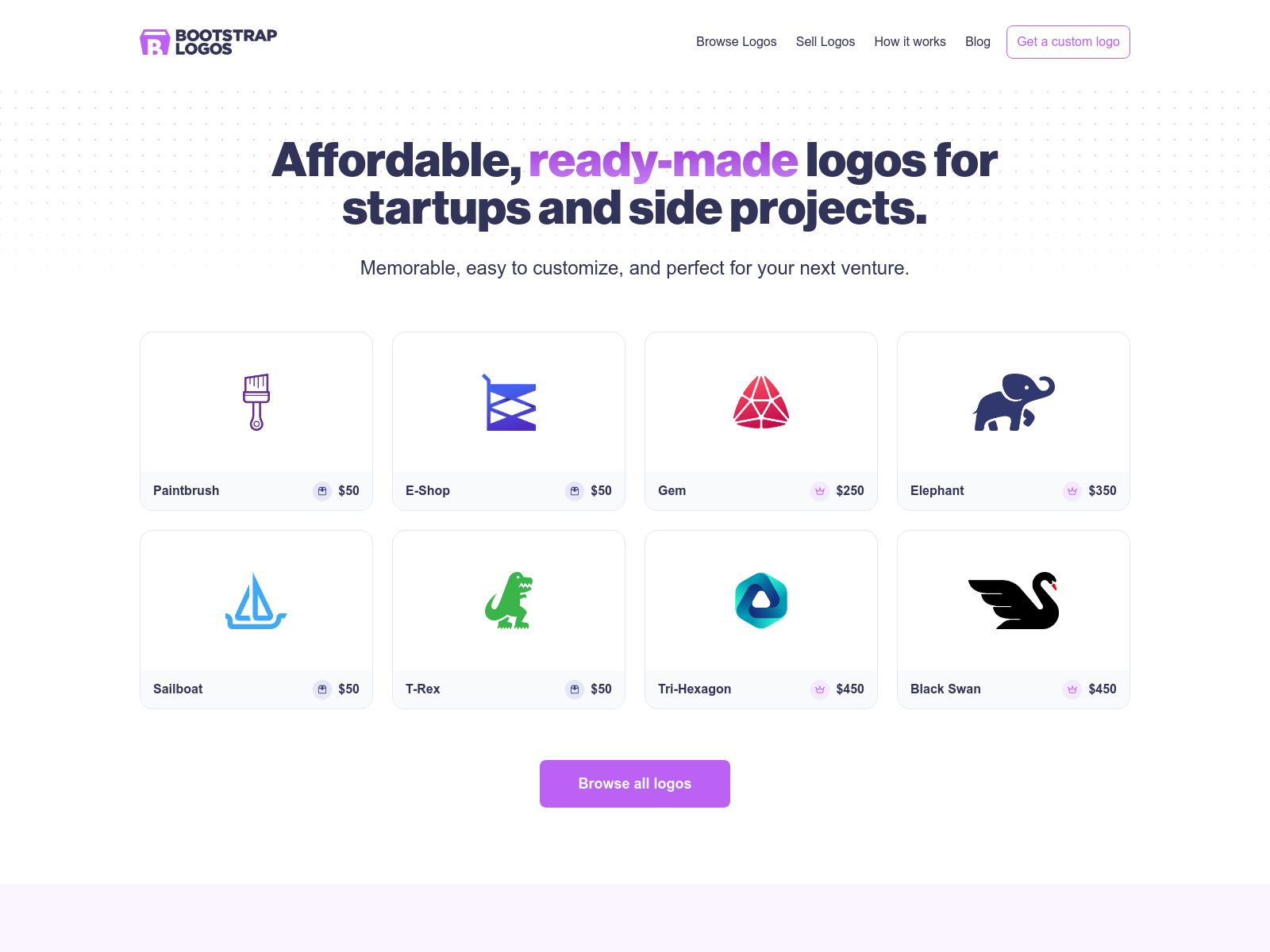 Bootstrap Logos sells affordable, ready-made logos for startups and side projects, offering customizable designs from top designers.
