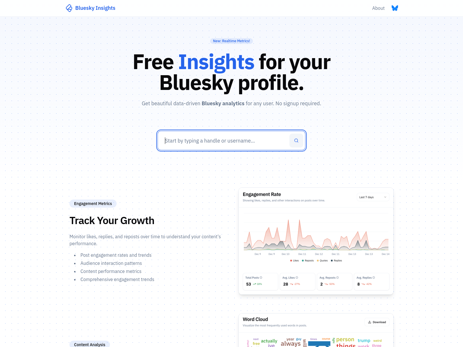 Free insights and analytics for Bluesky Social Media profiles.
