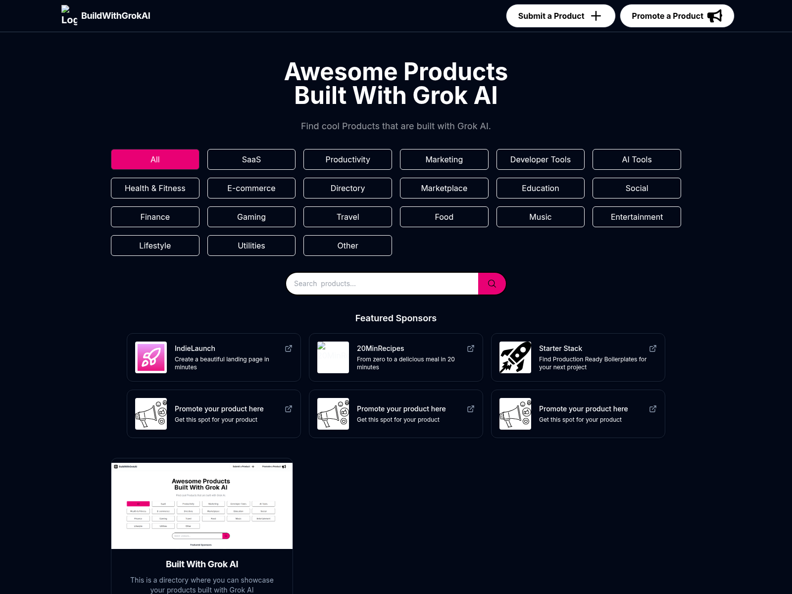 A directory showcasing products built with Grok AI, offering filtering by category and a submission option for product inclusion.
