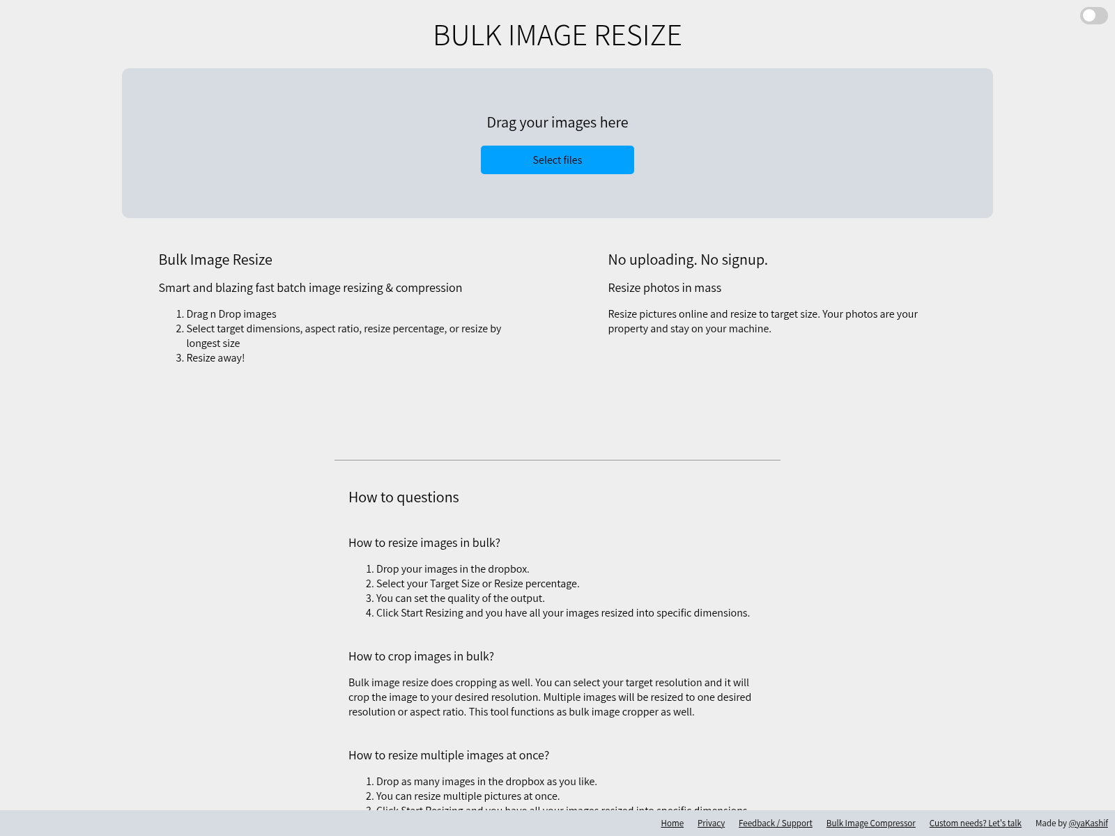 Bulk Image Resize:  A fast, online tool for batch resizing and compressing images without uploads or signup.
