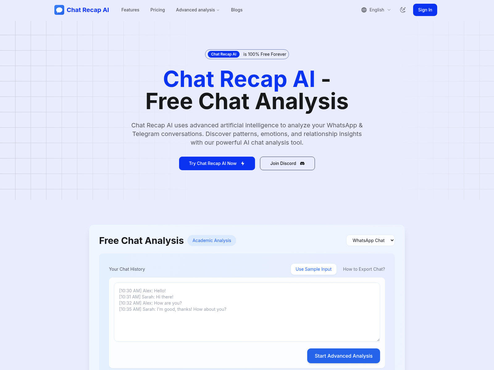 Chat Recap AI offers free AI-powered chat analysis for WhatsApp and Telegram, providing insights into conversation patterns and relationships.
