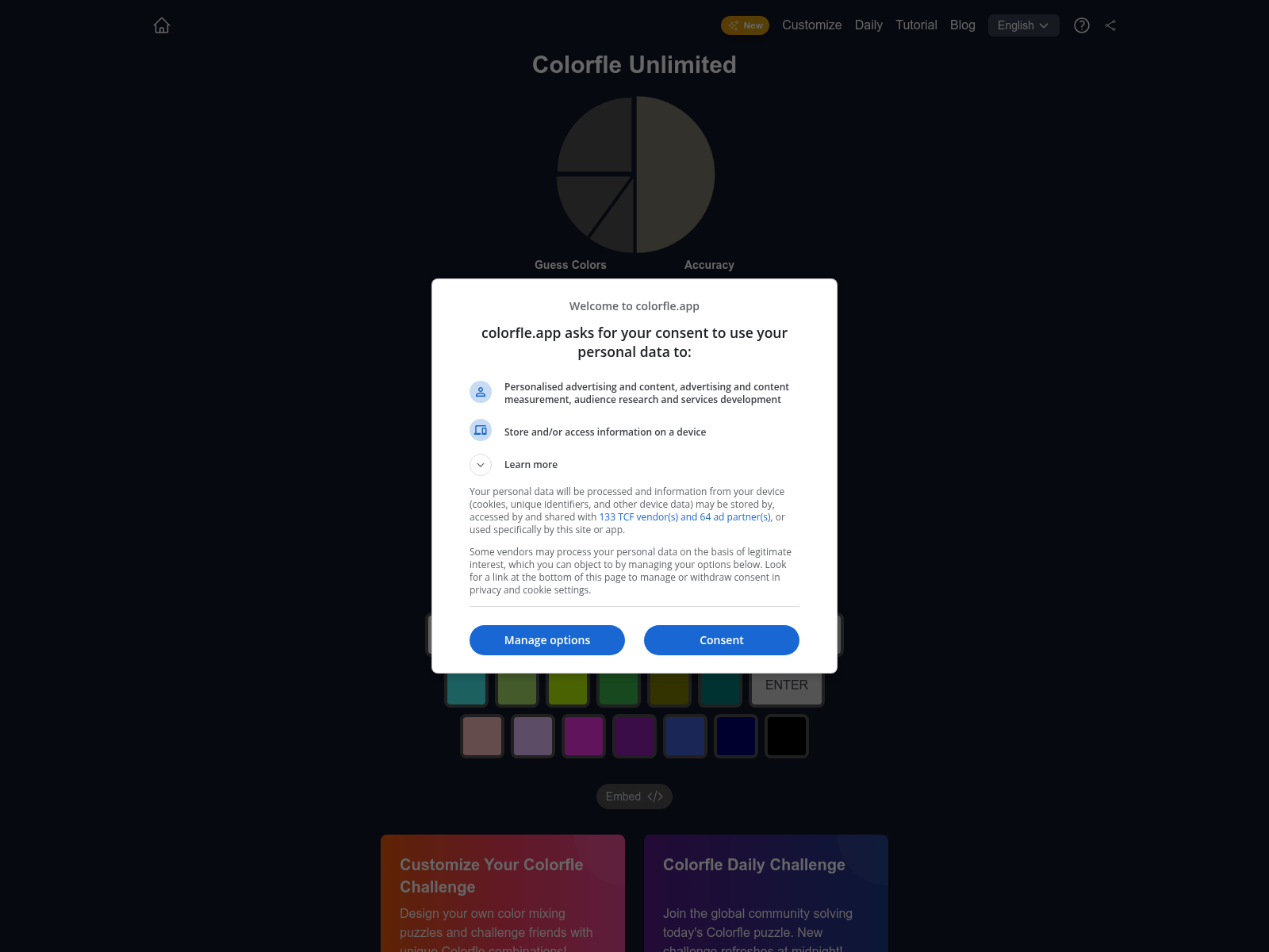 Colorfle Unlimited is a free online color mixing puzzle game where players guess color combinations in six tries, receiving feedback to improve their accuracy.
