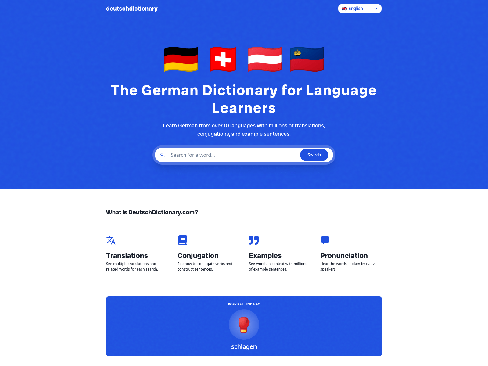 A free German dictionary for language learners, offering translations, conjugations, example sentences, and pronunciation in multiple languages.
