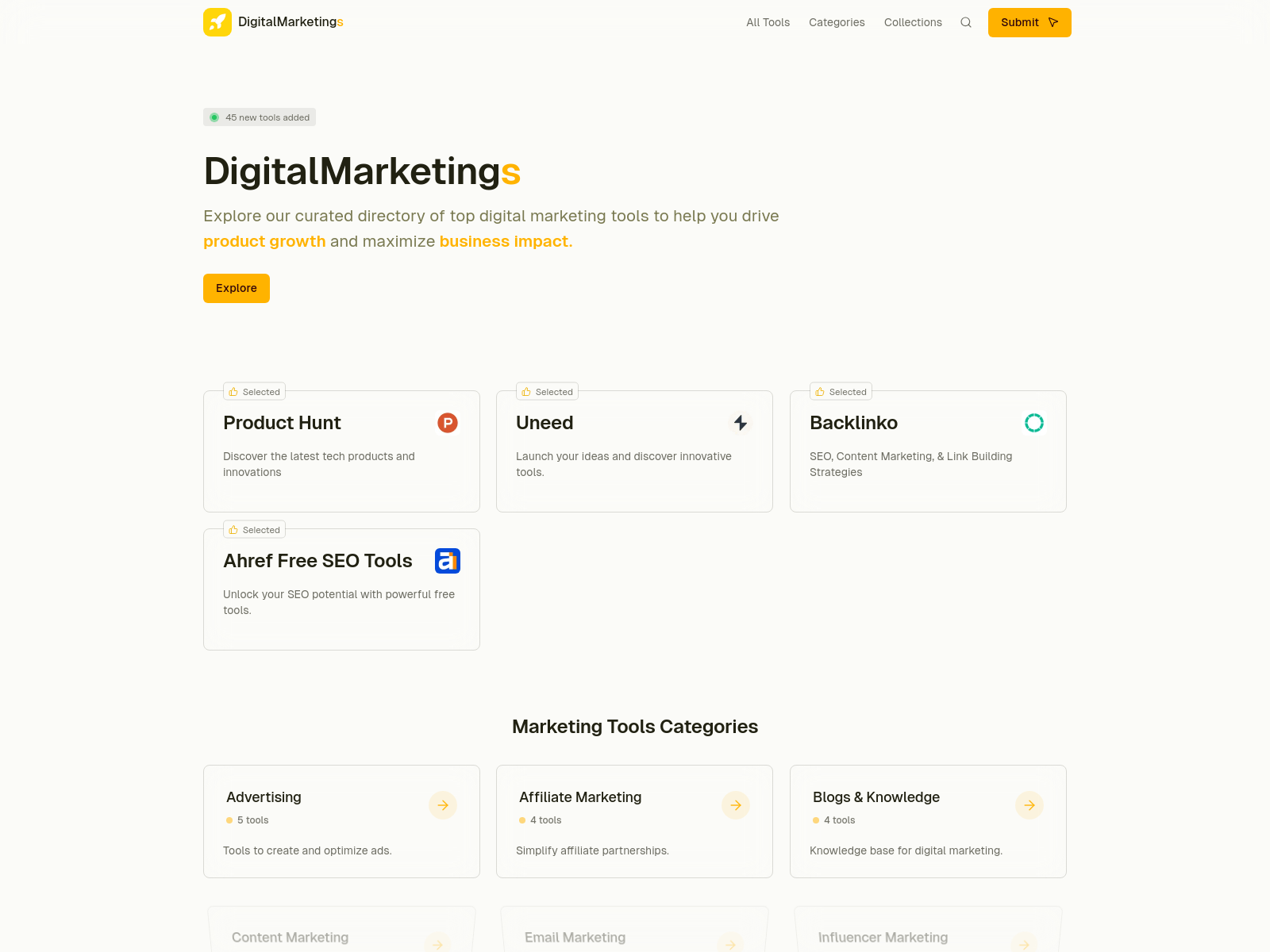 DigitalMarketings: A curated directory of digital marketing tools to boost product growth and maximize business impact.
