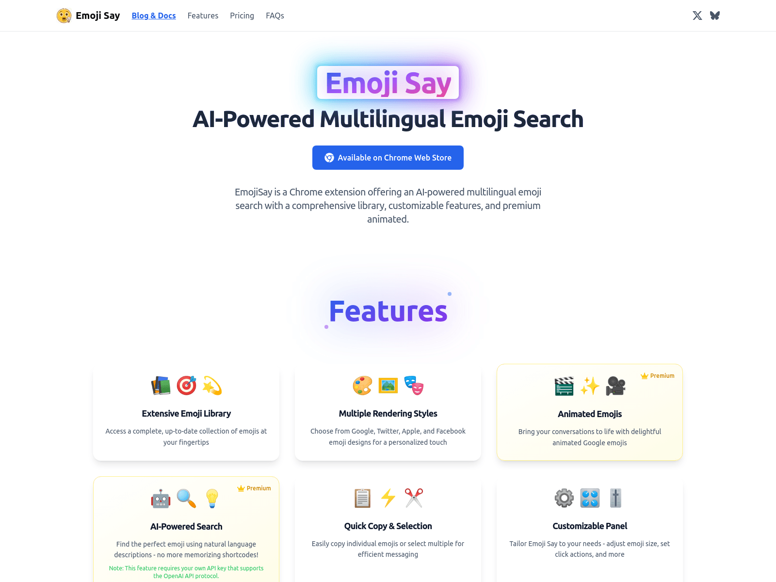 Emoji Say is a Chrome extension providing AI-powered multilingual emoji search,  a comprehensive library,  customizable features, and premium animated emojis.
