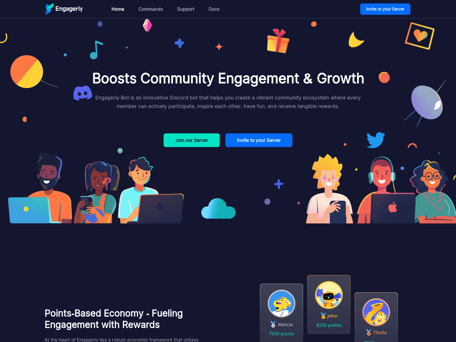 Engagerly Bot: A Discord bot for community growth, using a points-based economy, gamified tasks, and rewards to boost member engagement.
