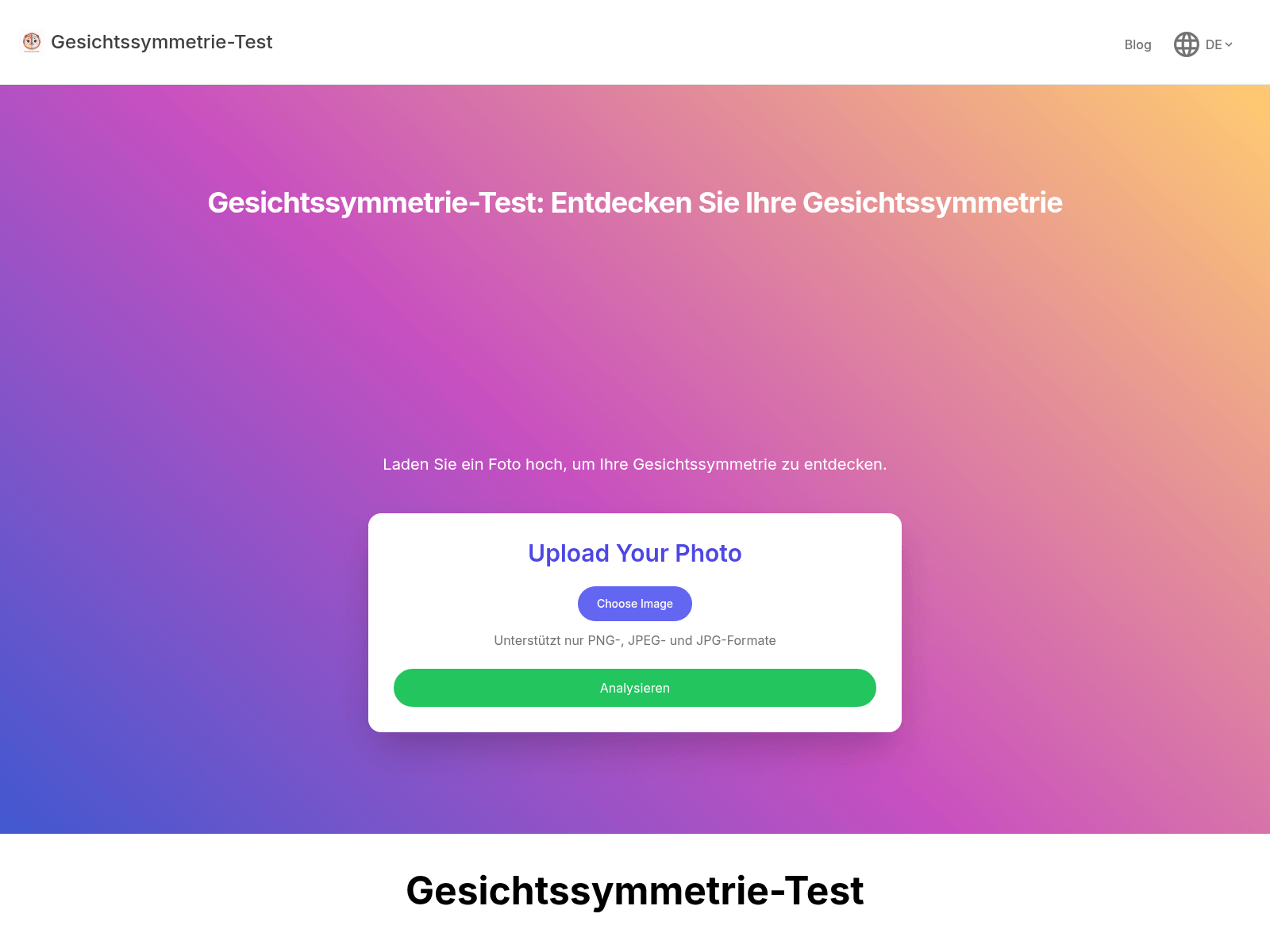 AI-powered facial symmetry analysis tool; upload photos for precise symmetry scores based on facial landmarks.
