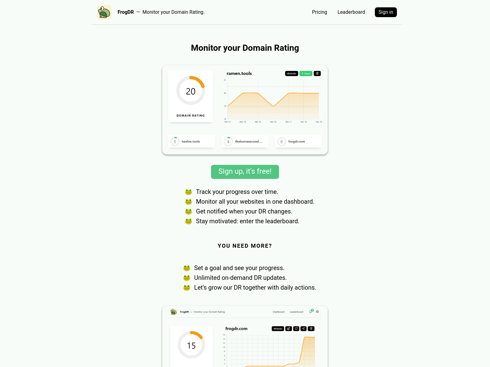 FrogDR: Track and monitor your domain rating, including progress, notifications, and a leaderboard.
