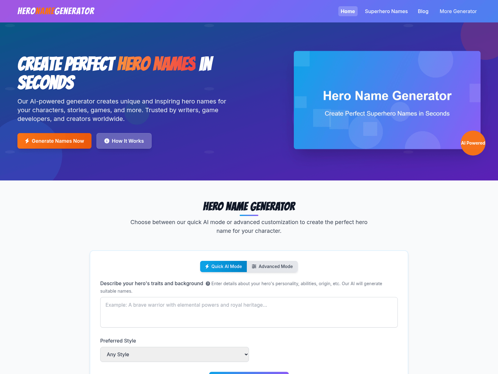 Generate unique hero names for your characters, stories, and games using this free AI-powered tool.

