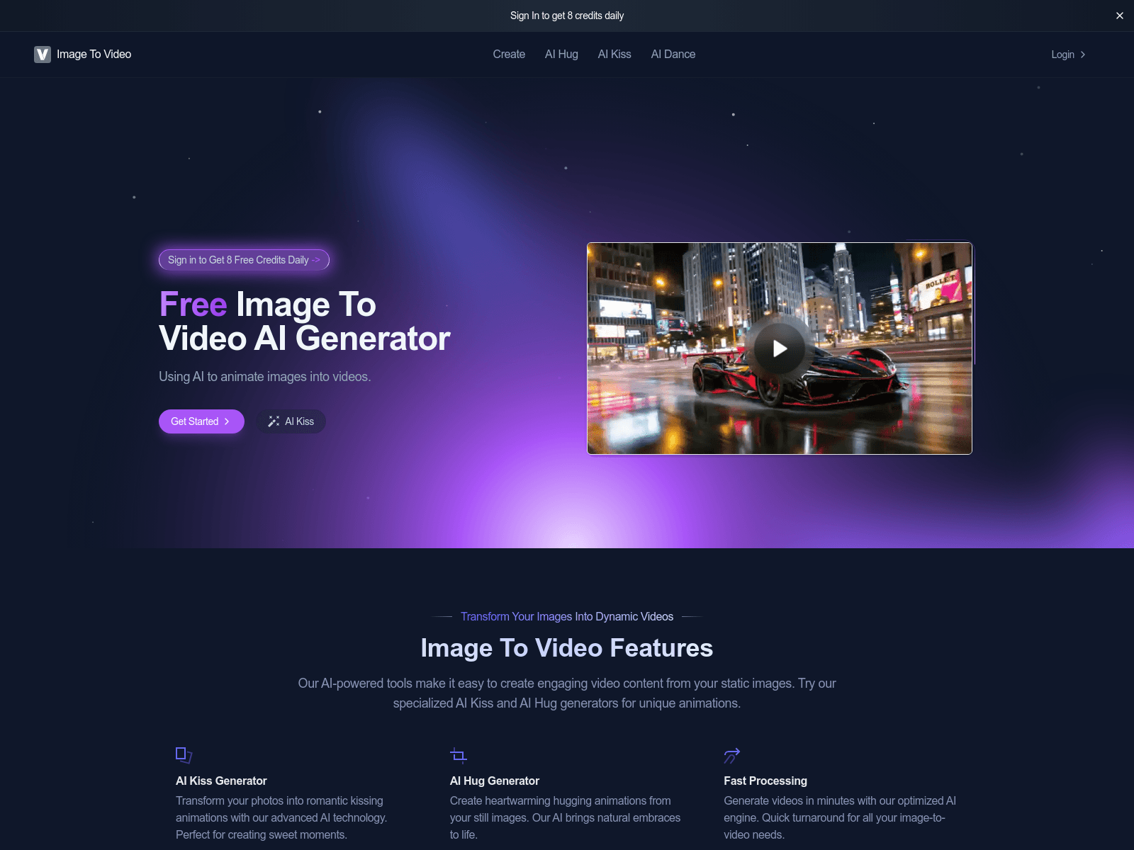 Free AI image-to-video converter; creates animations including AI kiss and AI hug features.
