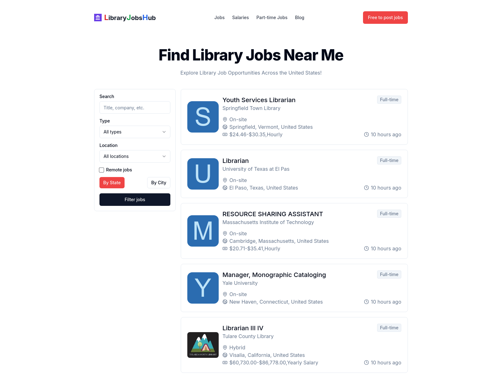 LibraryJobsHub: Find library jobs, salaries, and part-time opportunities across the United States; free job postings available.
