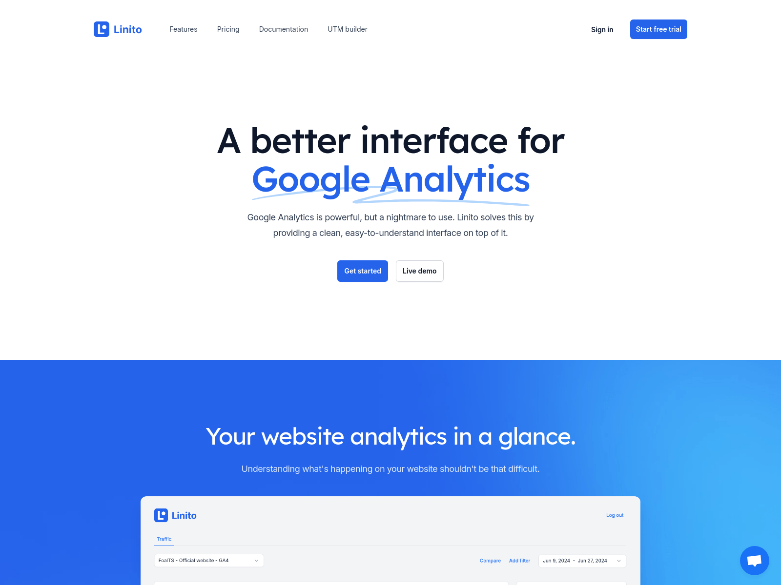 Linito: A cleaner, easier-to-use interface for Google Analytics, offering a free trial and live demo.
