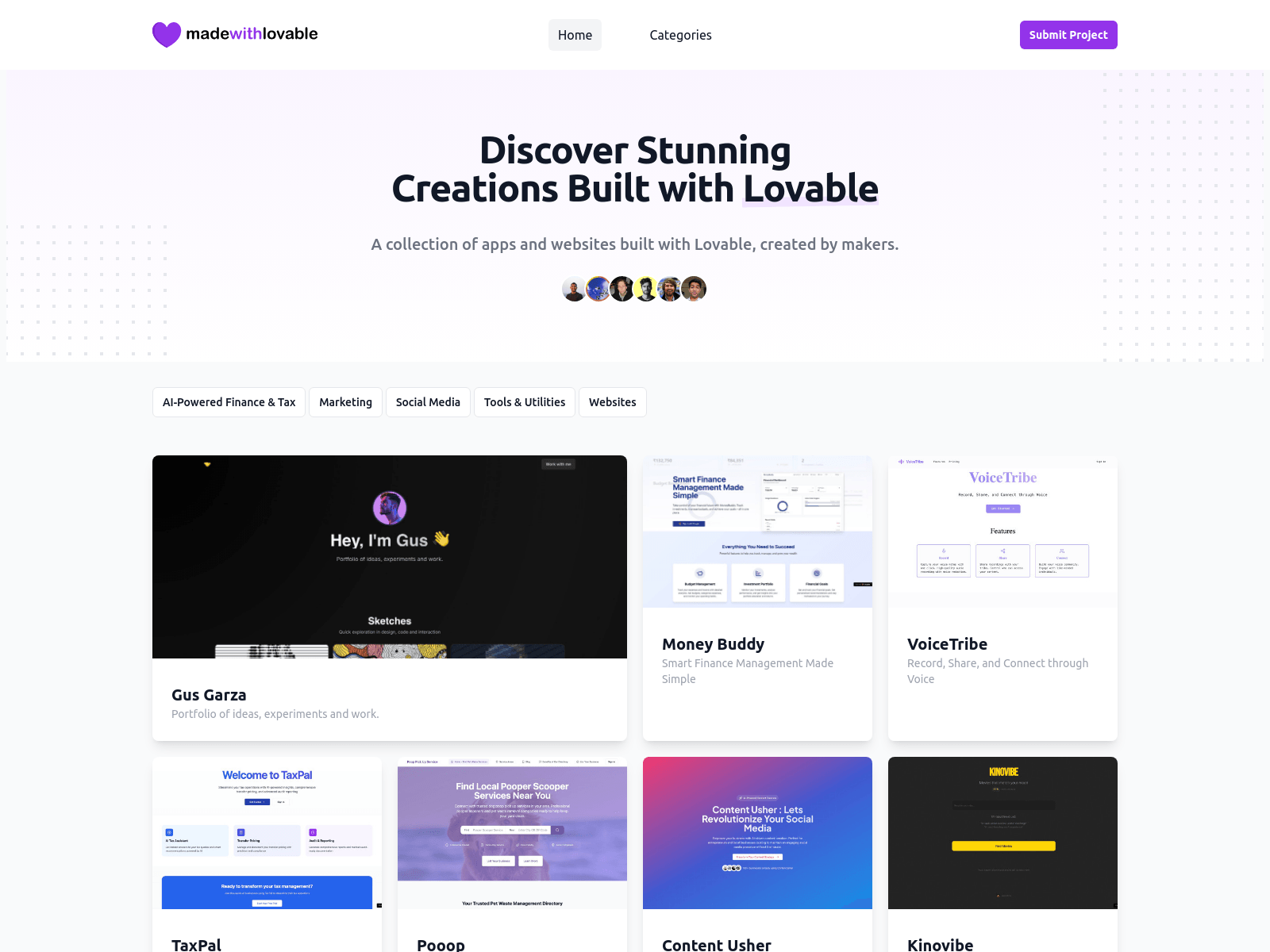 A curated directory showcasing apps and websites built using the Lovable AI website builder.
