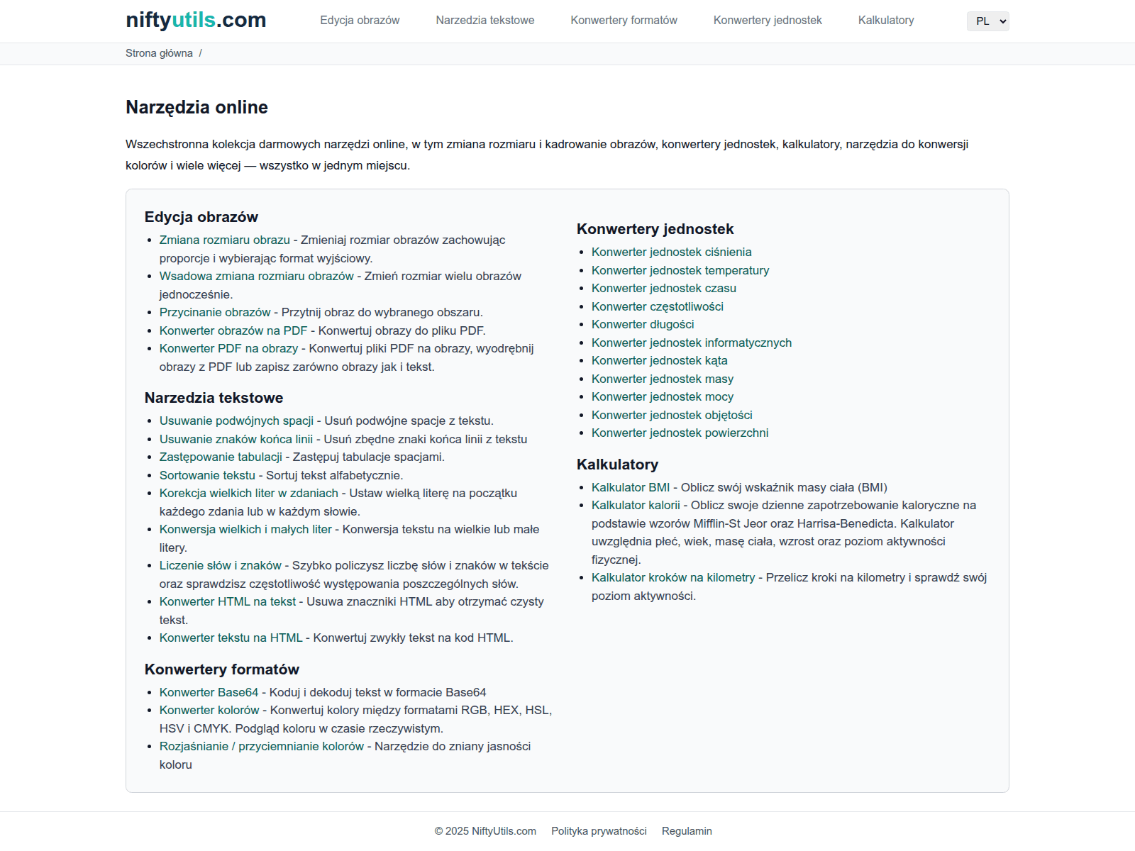 NiftyUtils offers a comprehensive suite of free online tools, including image editors, text tools, format converters, and unit converters, all in one convenient location.

