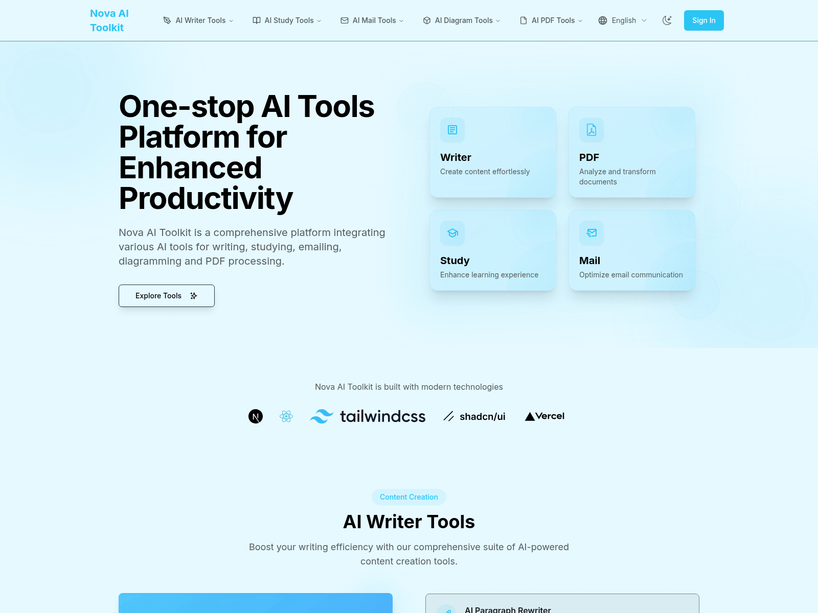 Nova AI Toolkit:  A comprehensive platform integrating AI tools for writing, studying, emailing, diagramming, and PDF processing.
