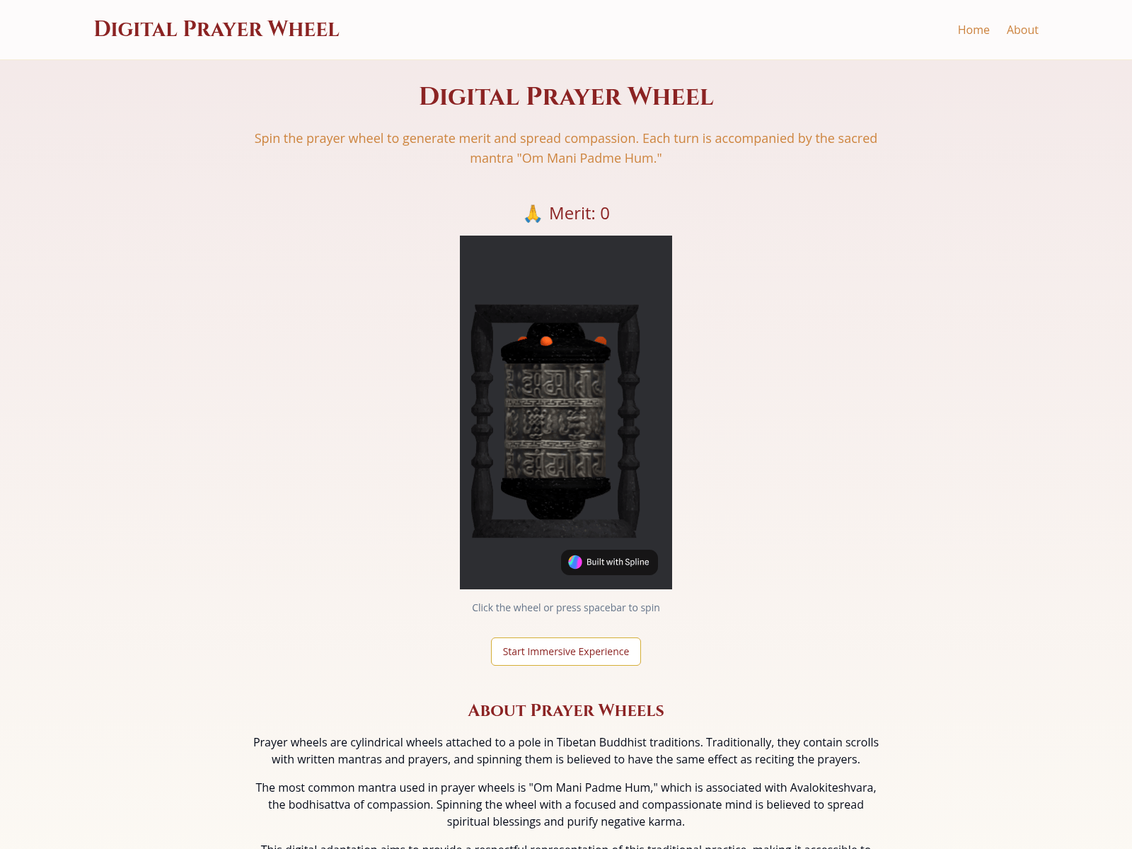 Digital prayer wheel experience providing online access to spiritual practices.
