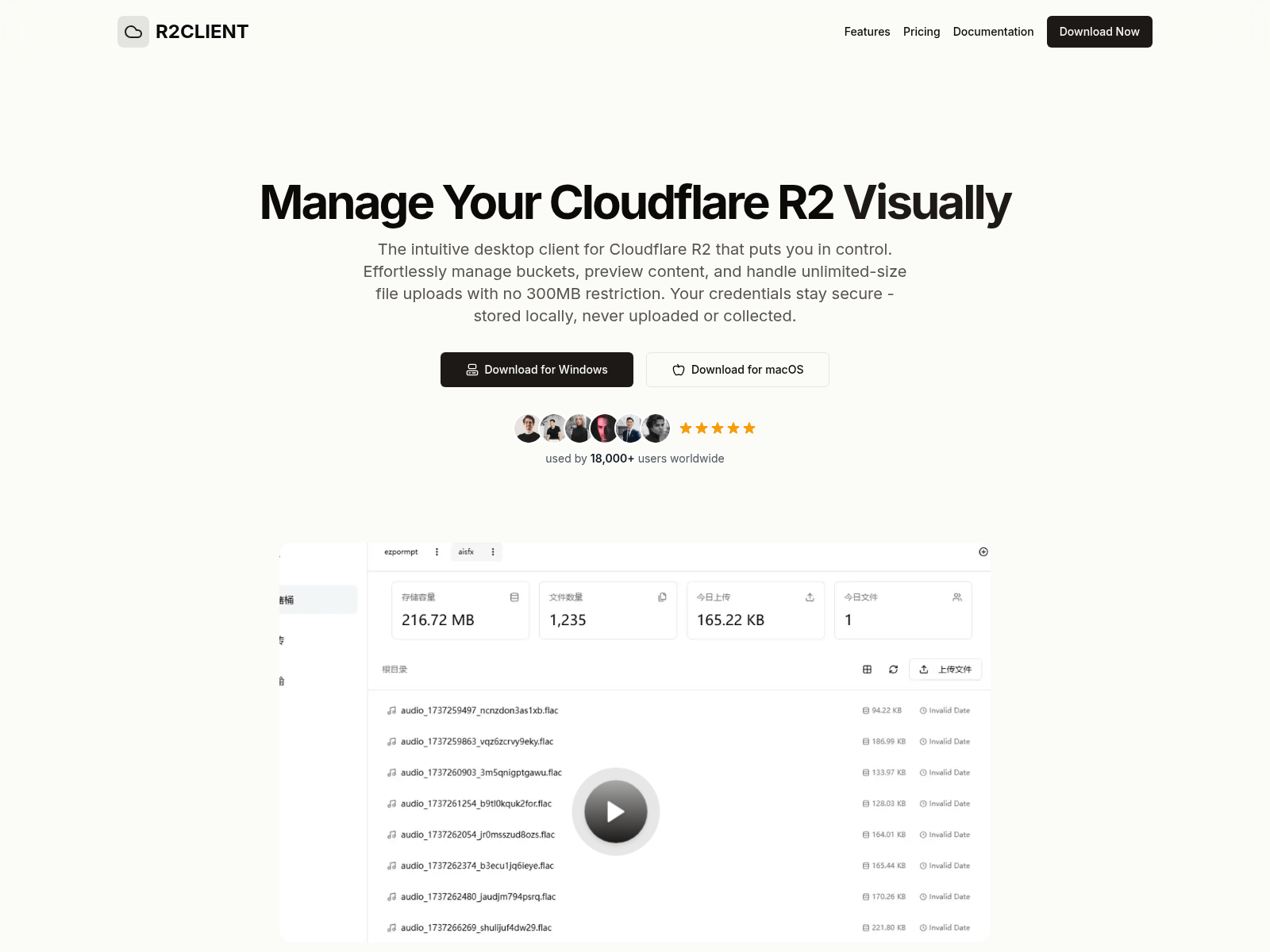 R2Client: A visual desktop client for managing Cloudflare R2 storage, featuring large file uploads and secure local credential storage.
