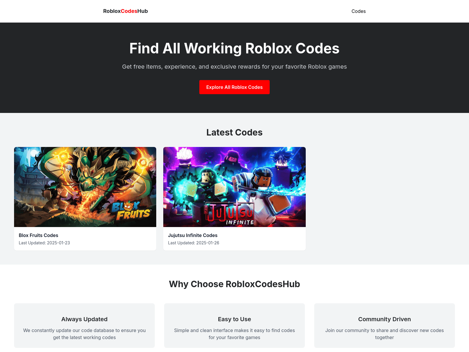 RobloxCodesHub:  Finds and shares the latest working Roblox game codes for free items and rewards.
