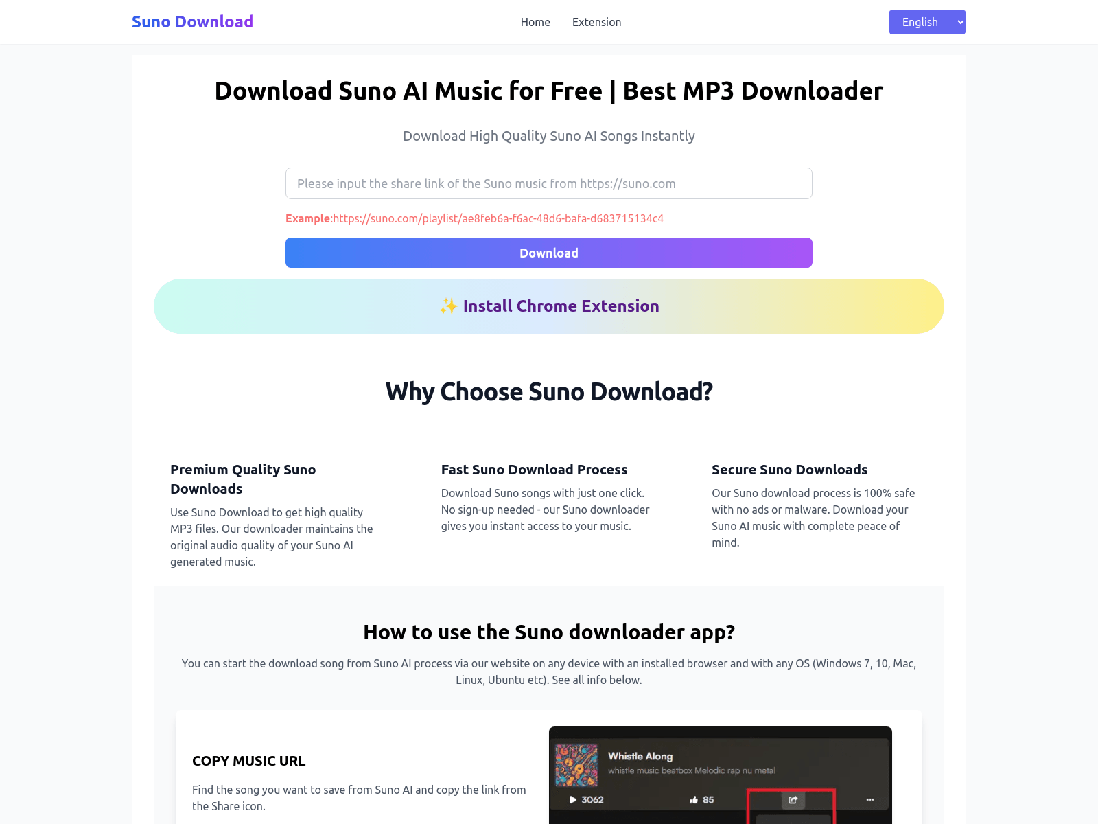 Free MP3 downloader for Suno AI-generated music; offers Chrome extension and supports multiple languages.
