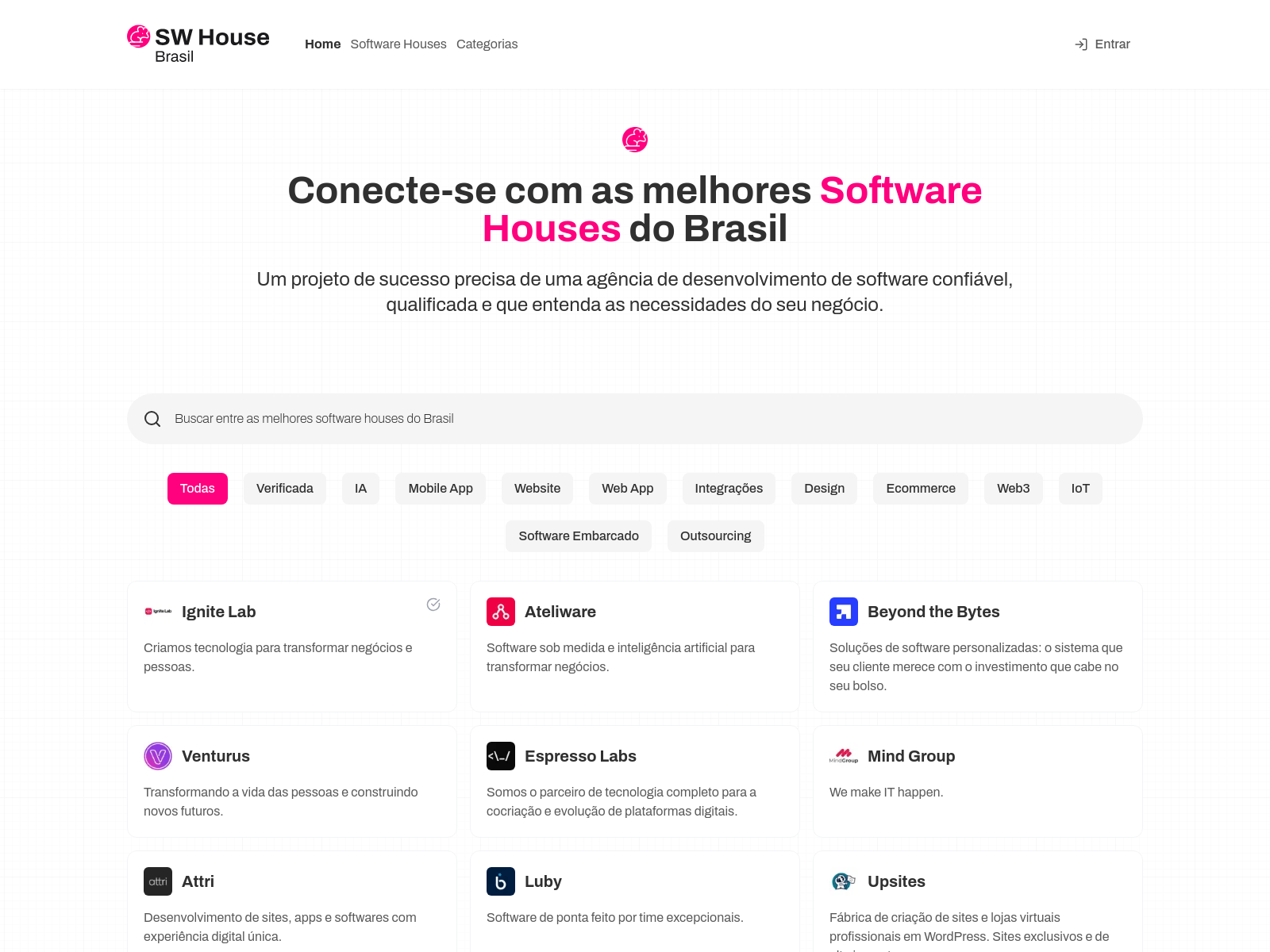 SW Houses Brasil connects businesses with Brazilian software houses offering various development services.
