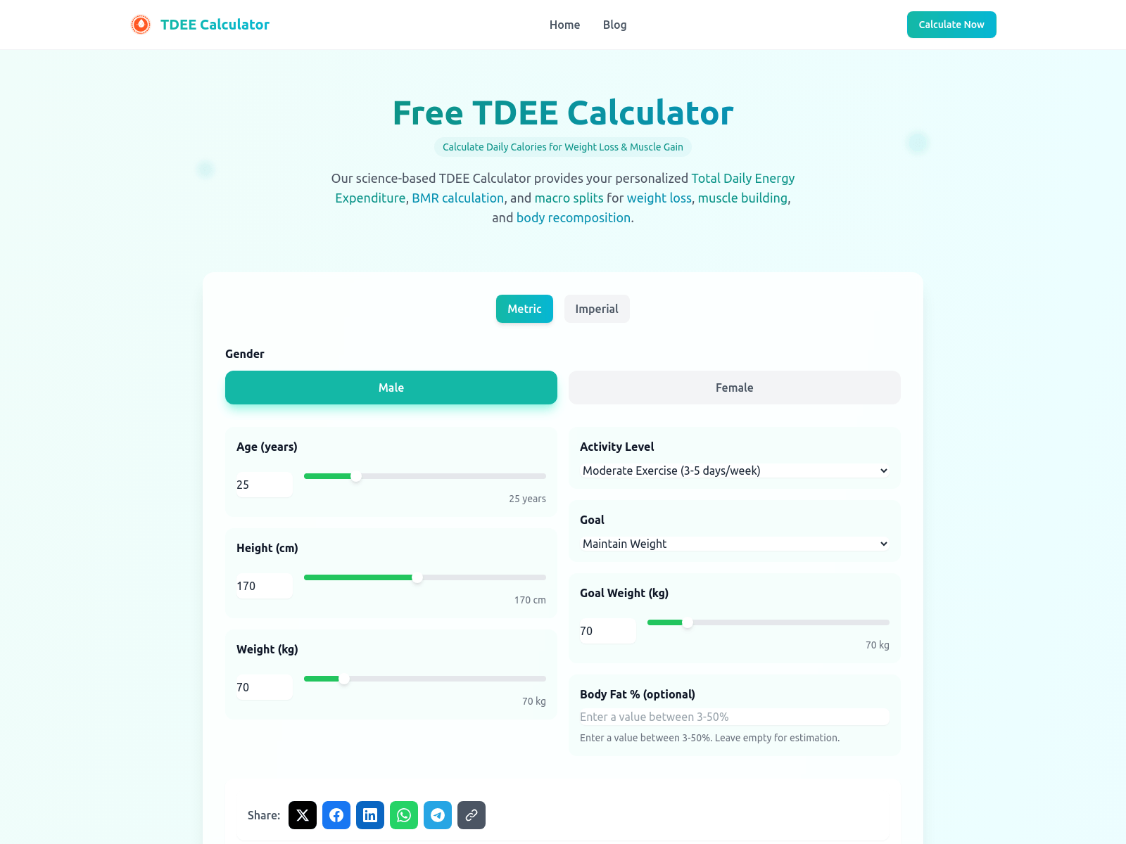 Free online TDEE calculator for personalized calorie and macro recommendations to help manage weight.
