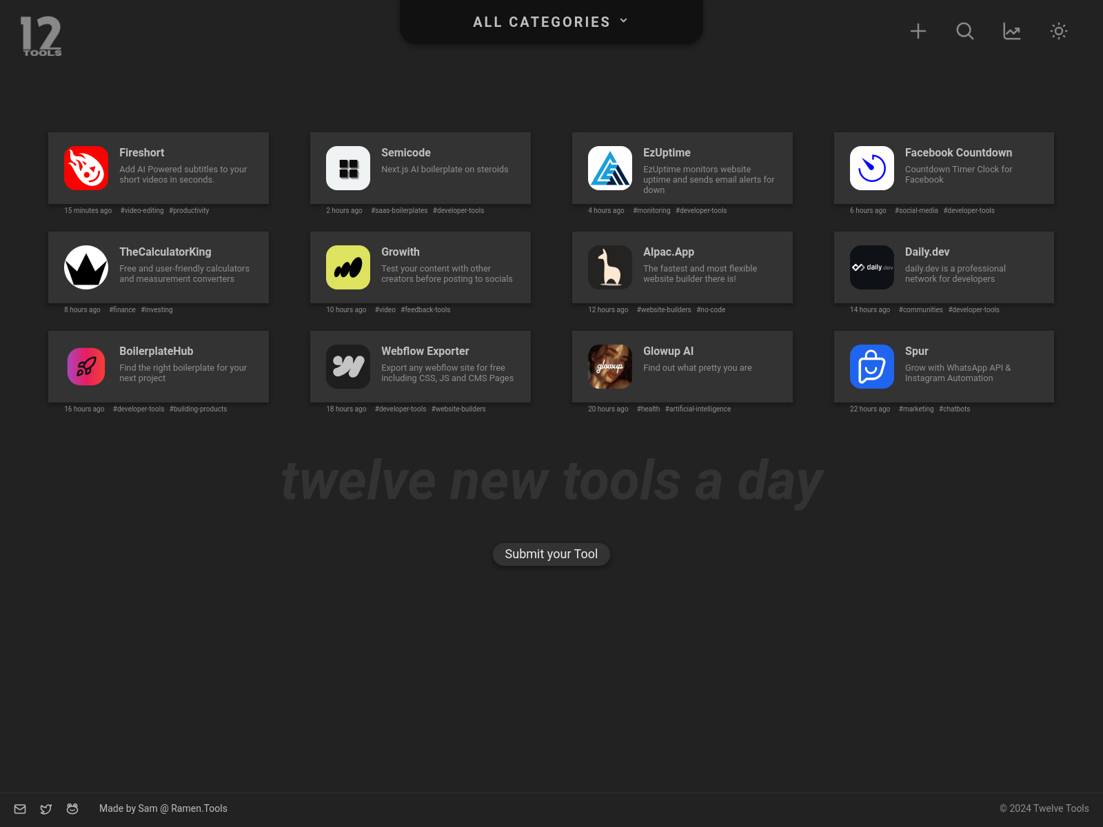 Twelve curated internet tools showcased daily, categorized for easy discovery.
