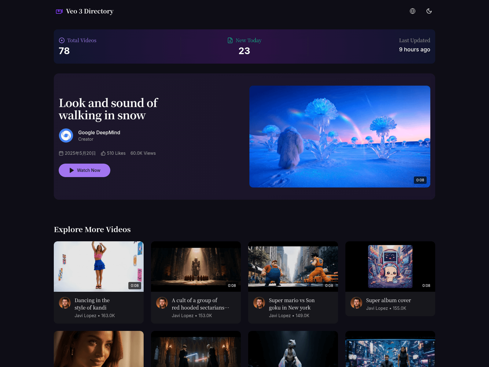 Veo3.Directory: A curated collection of videos generated by Google's Veo 3 AI model, showcasing diverse creative content.

