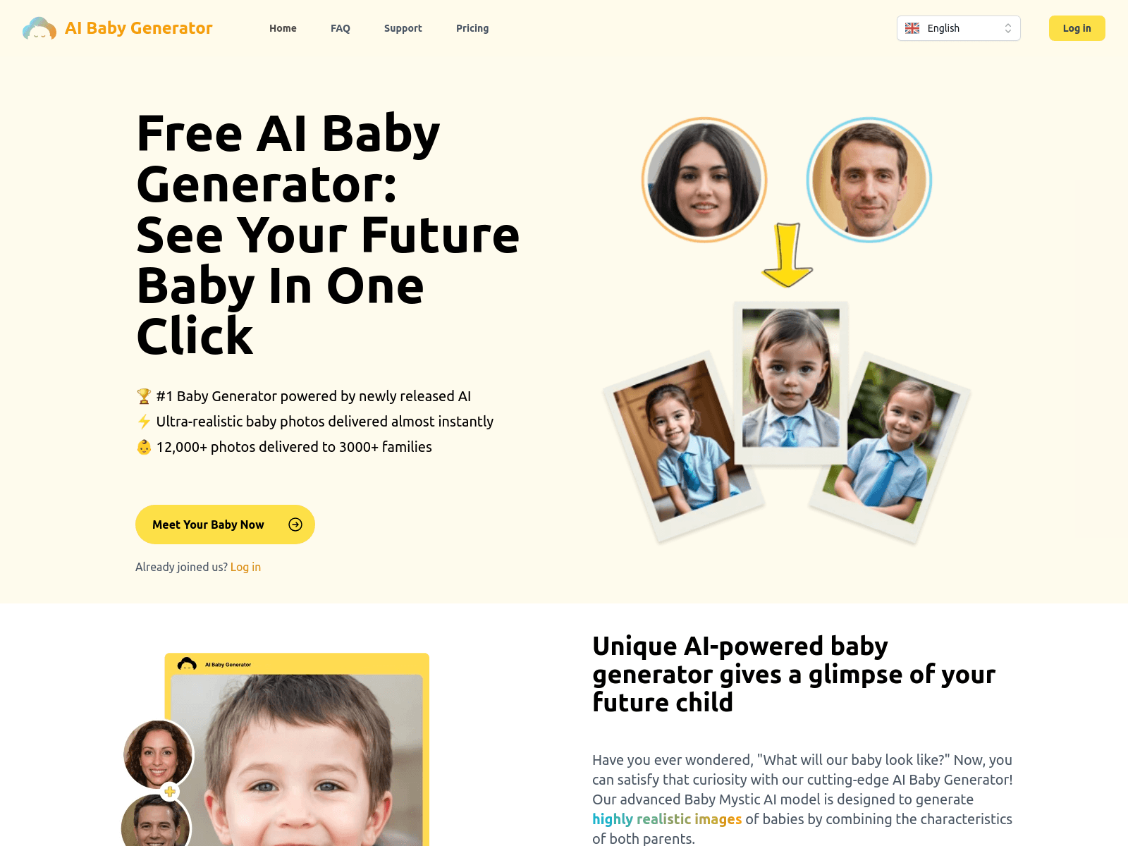 AI Baby Generator creates realistic baby face predictions from parent photos in seconds.
