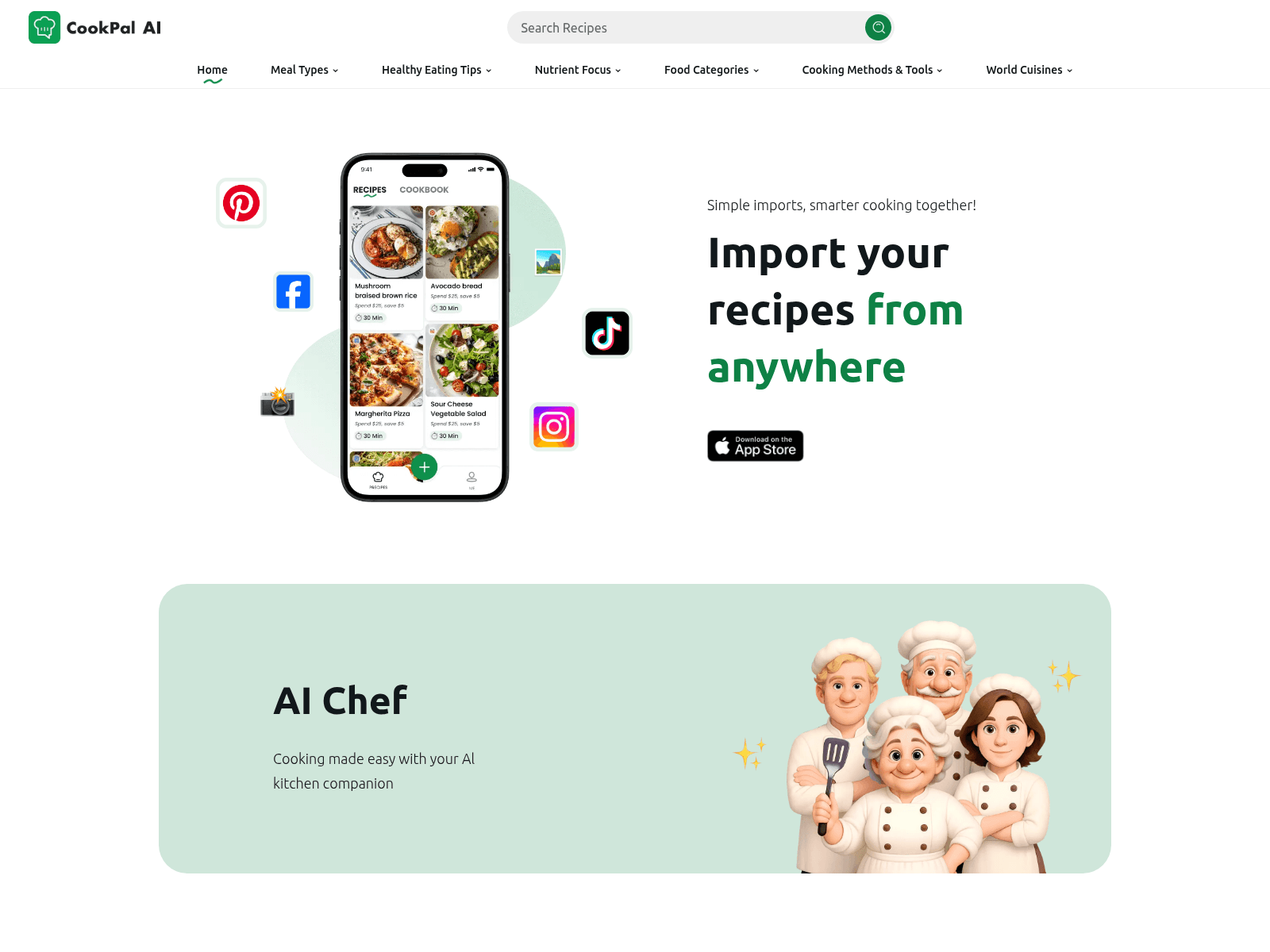 CookPal AI imports recipes from websites, TikTok, and Instagram; offers AI-powered meal planning and recipe management.
