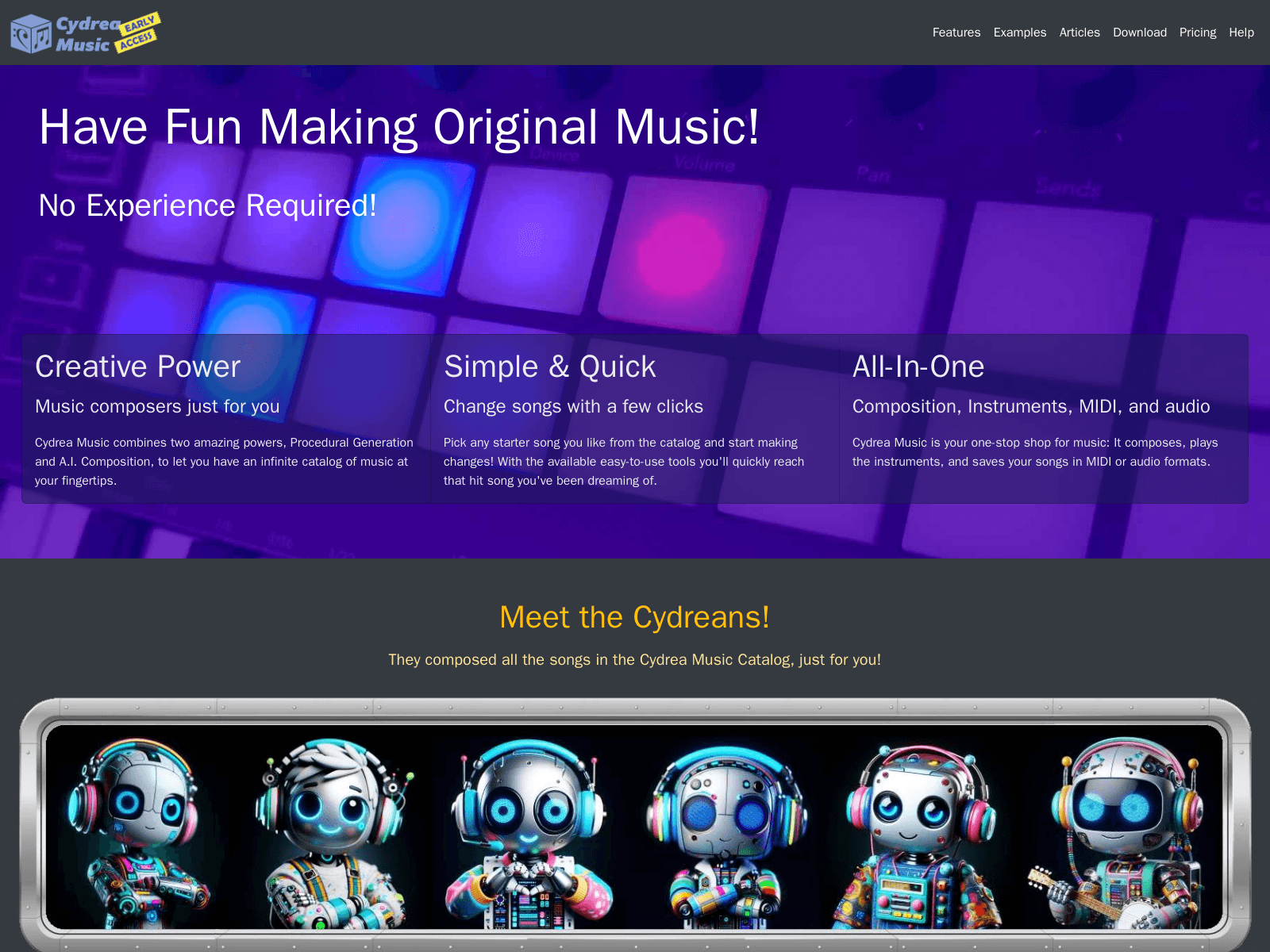 Cydrea Music:  A desktop app enabling anyone to create original songs easily, with AI-powered composition and procedural generation tools.
