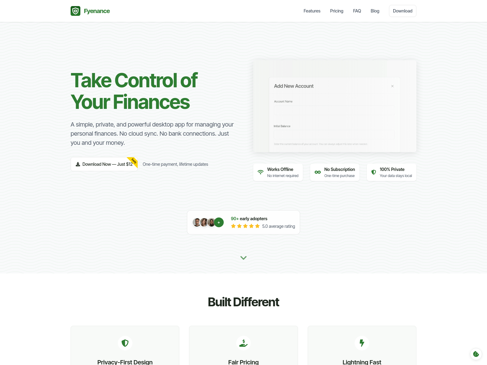 Fyenance: A private, offline-capable personal finance desktop app offering lifetime access for a one-time fee.
