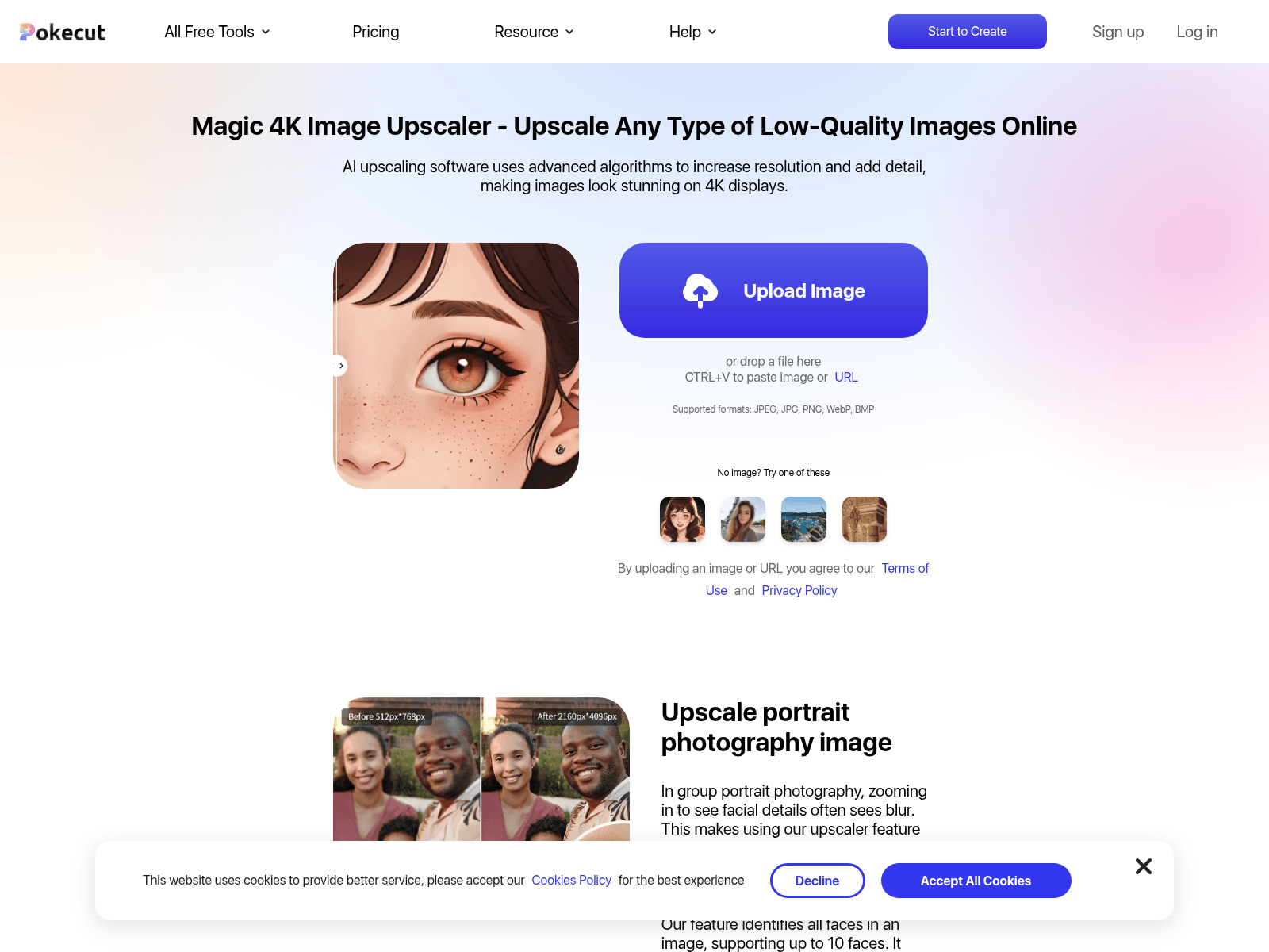 Pokecut offers a free AI-powered 4K image upscaler to enhance low-resolution images of various types, including portraits and anime.
