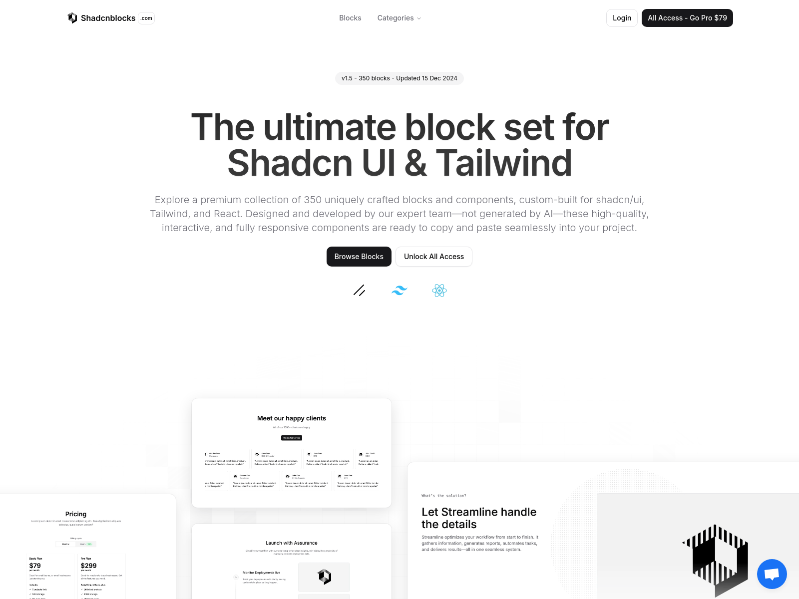 Shadcnblocks: A premium UI library offering hundreds of React components built with Shadcn UI and Tailwind CSS.
