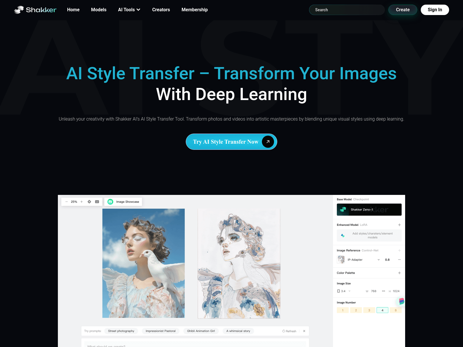 Shakker AI offers a free, online AI style transfer tool to transform images and videos into artistic masterpieces in real time.
