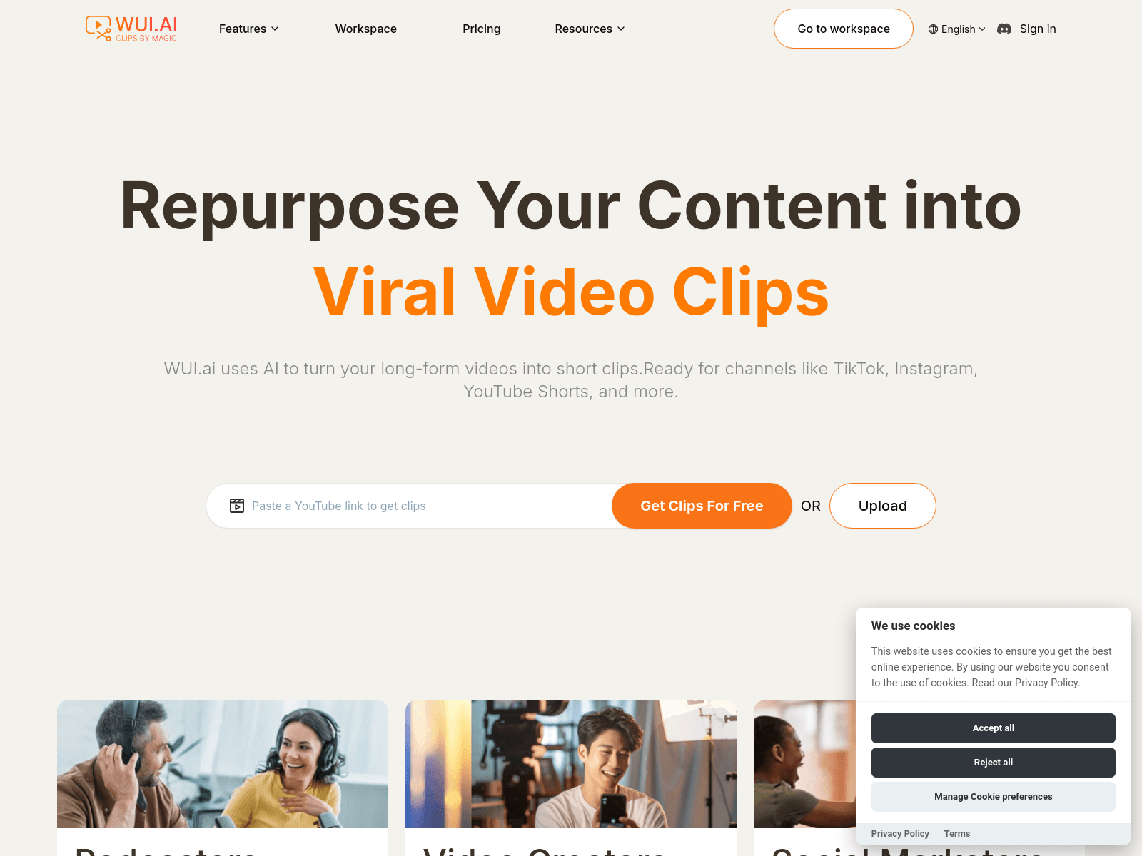 WUI.AI uses AI to create short, viral video clips from long-form videos for social media.
