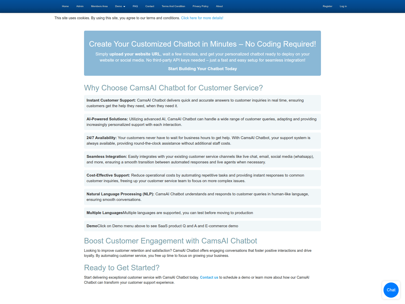 Create AI chatbots in minutes with CamsAI, no coding needed.