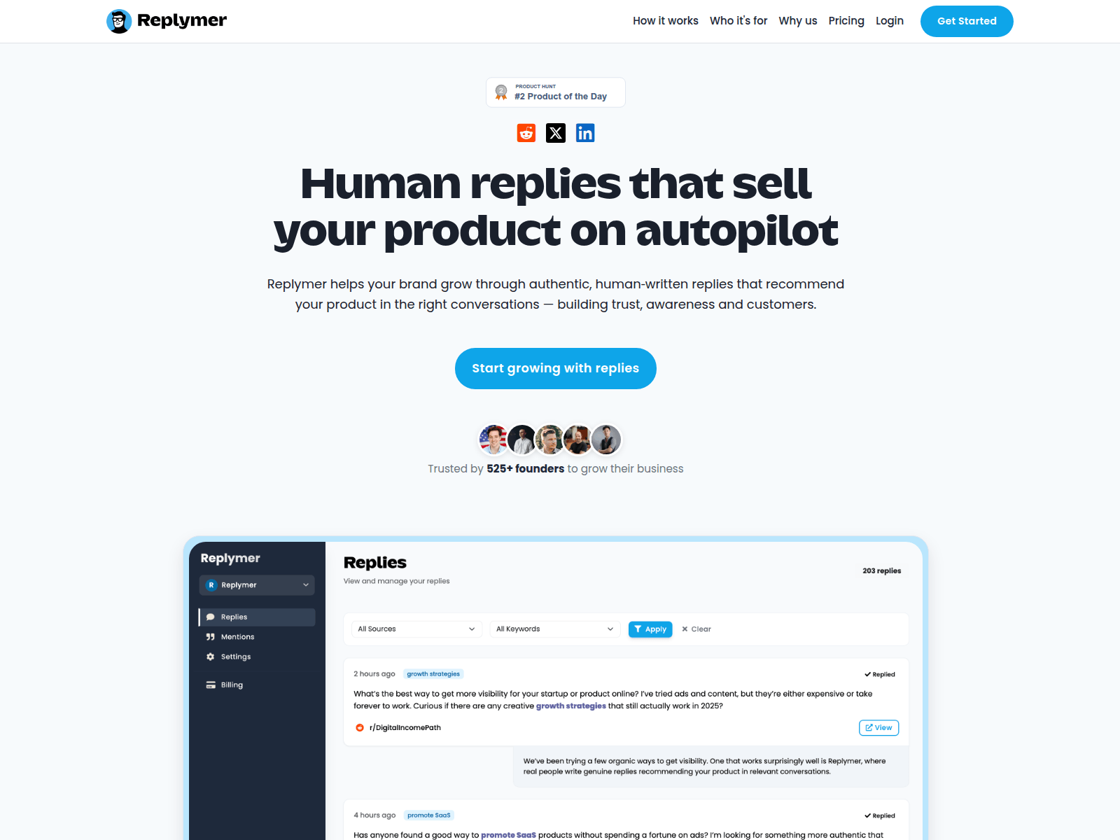 Replymer offers authentic, human-written replies to promote your product on autopilot.
